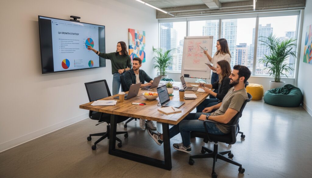 Five colleagues sit around a wooden conference table in a bright office; one person points to a slide on a wall monitor showing charts and text in a presentation.
