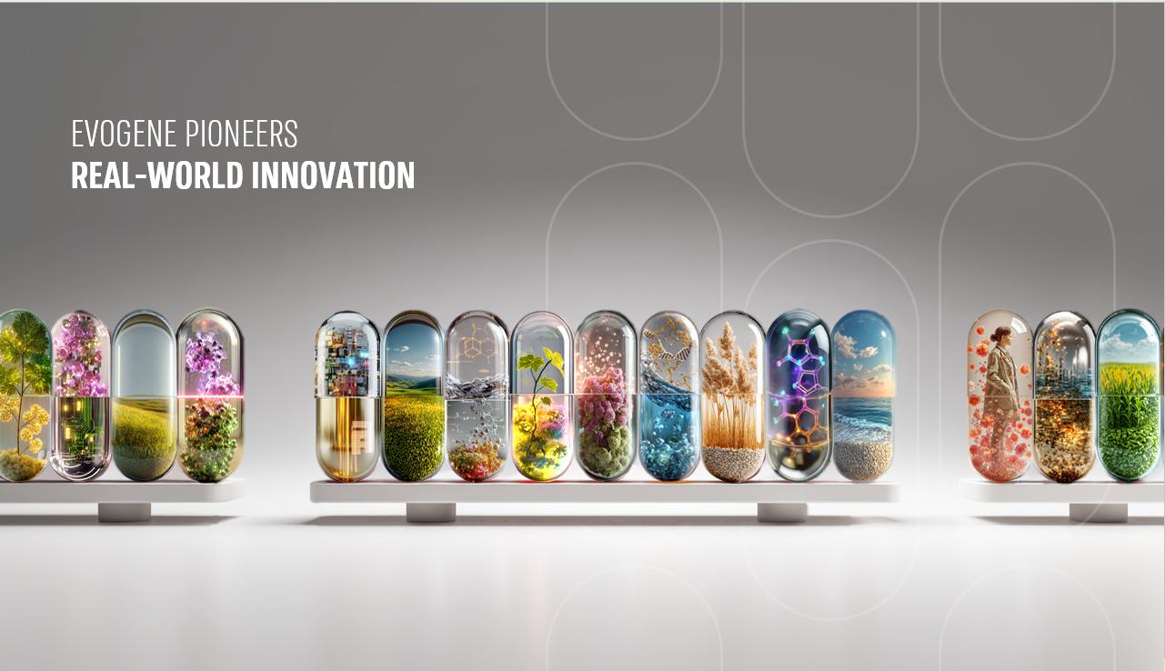 Row of glass capsules on white stands, each containing a miniature landscape or plant scene beneath a soft gradient background.