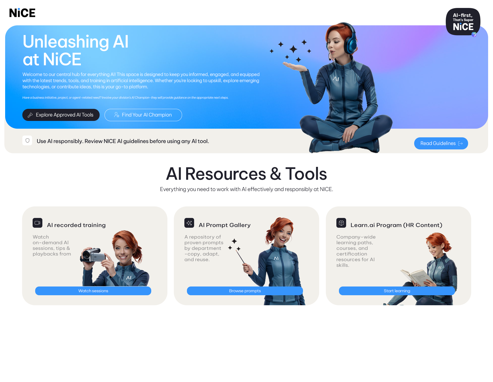 Hero banner: a woman in a blue AI-themed suit with a headset, releasing star-like sparkles on a blue gradient background in front of the 'Unleashing AI at NICE' headline.