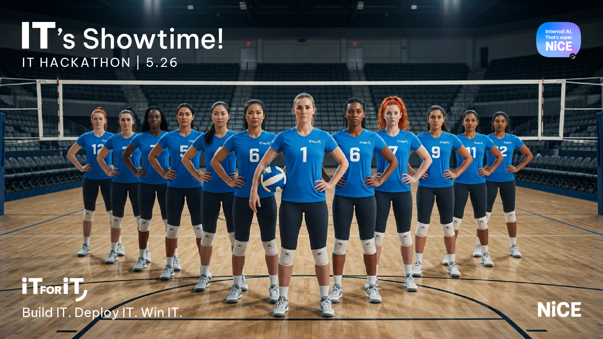 Group of female volleyball players in blue jerseys stand in a gym, hands on hips, with ITForIT and NICE branding visible on header and corner.
