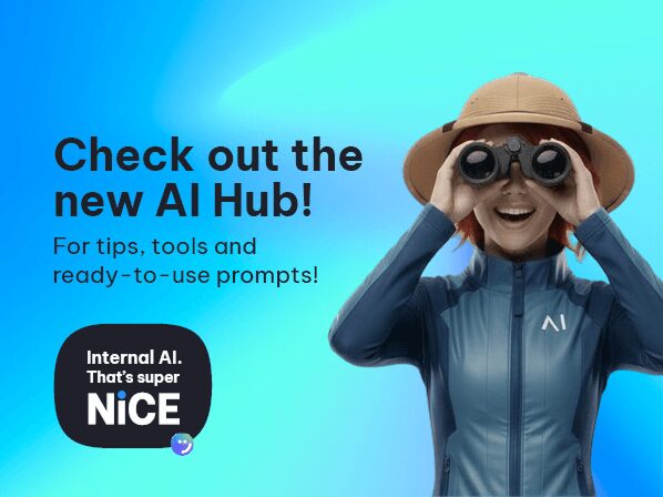 Promotional banner for the AI Hub with a woman in a blue jacket and hat using binoculars, accompanying bold text about tips and prompts.