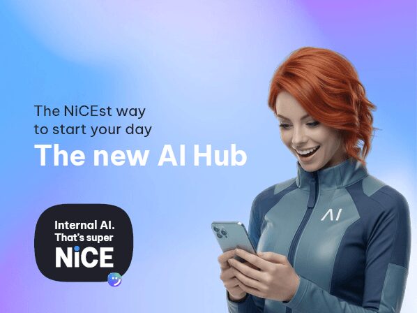 Promo banner showing a smiling woman in a blue jacket looking at her phone; text reads 'The new AI Hub' and 'Internal AI: That’s super NiCE' against a blue gradient background.