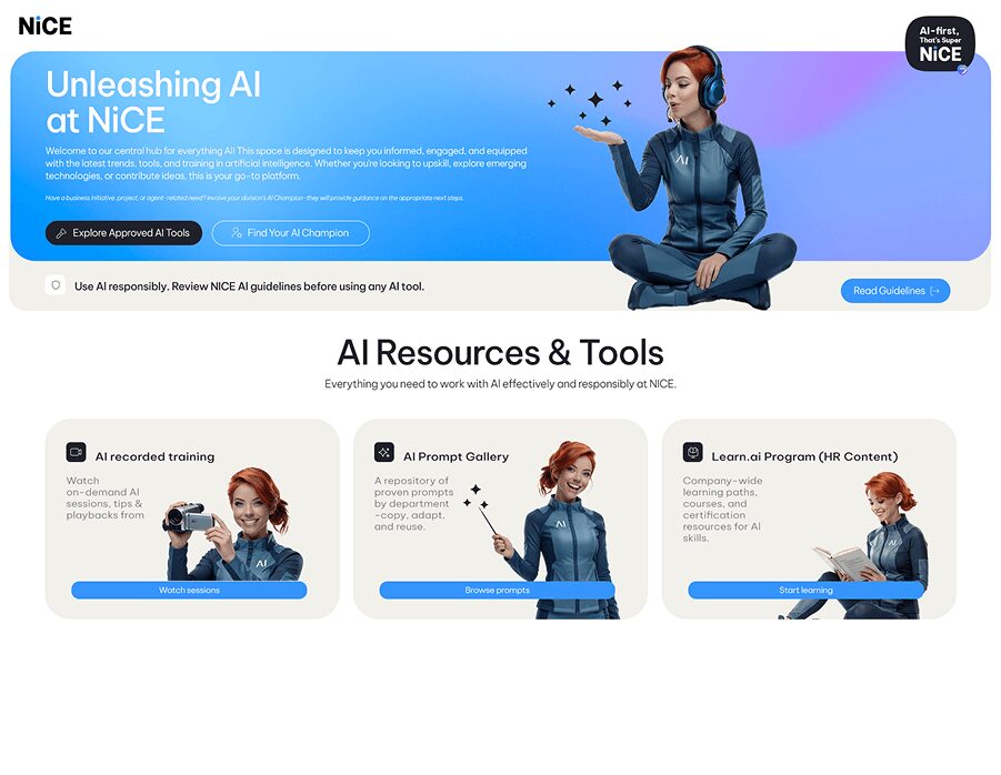 Hero banner shows a woman in a blue suit with headphones seated on a blue-purple gradient background, with the text 'Unleashing AI at NiCE'; below are three rounded info cards labeled 'AI recorded training', 'AI Prompt Gallery', and 'Learn.ai Program'