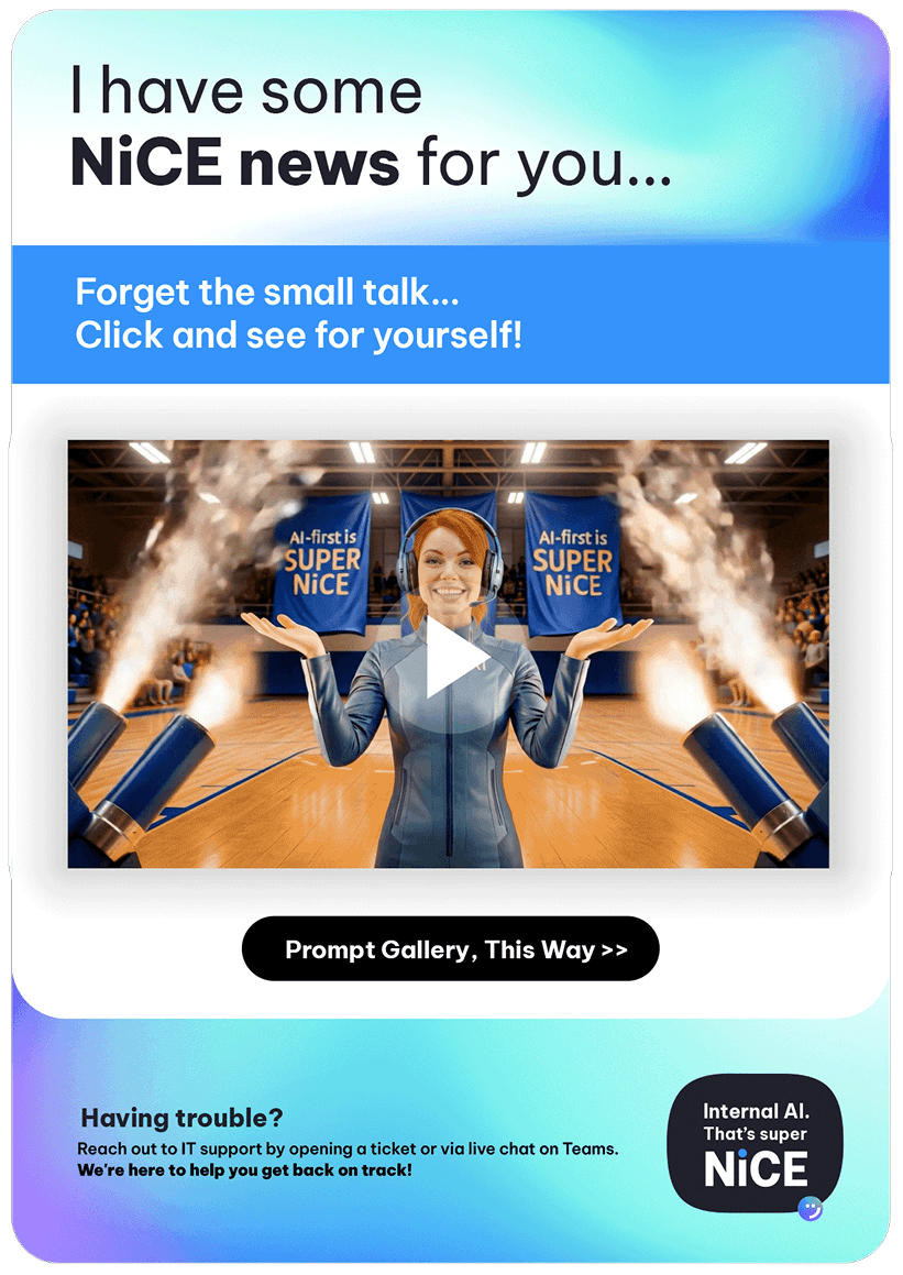 Promotional hero: gradient header text 'I have some NiCE news for you...', blue banner, video thumbnail of a woman in a gym with a play button.