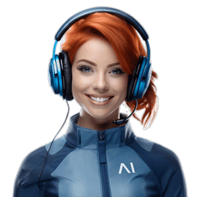 Smiling woman wearing a blue headset with microphone and a blue jacket featuring an AI logo, facing the camera.
