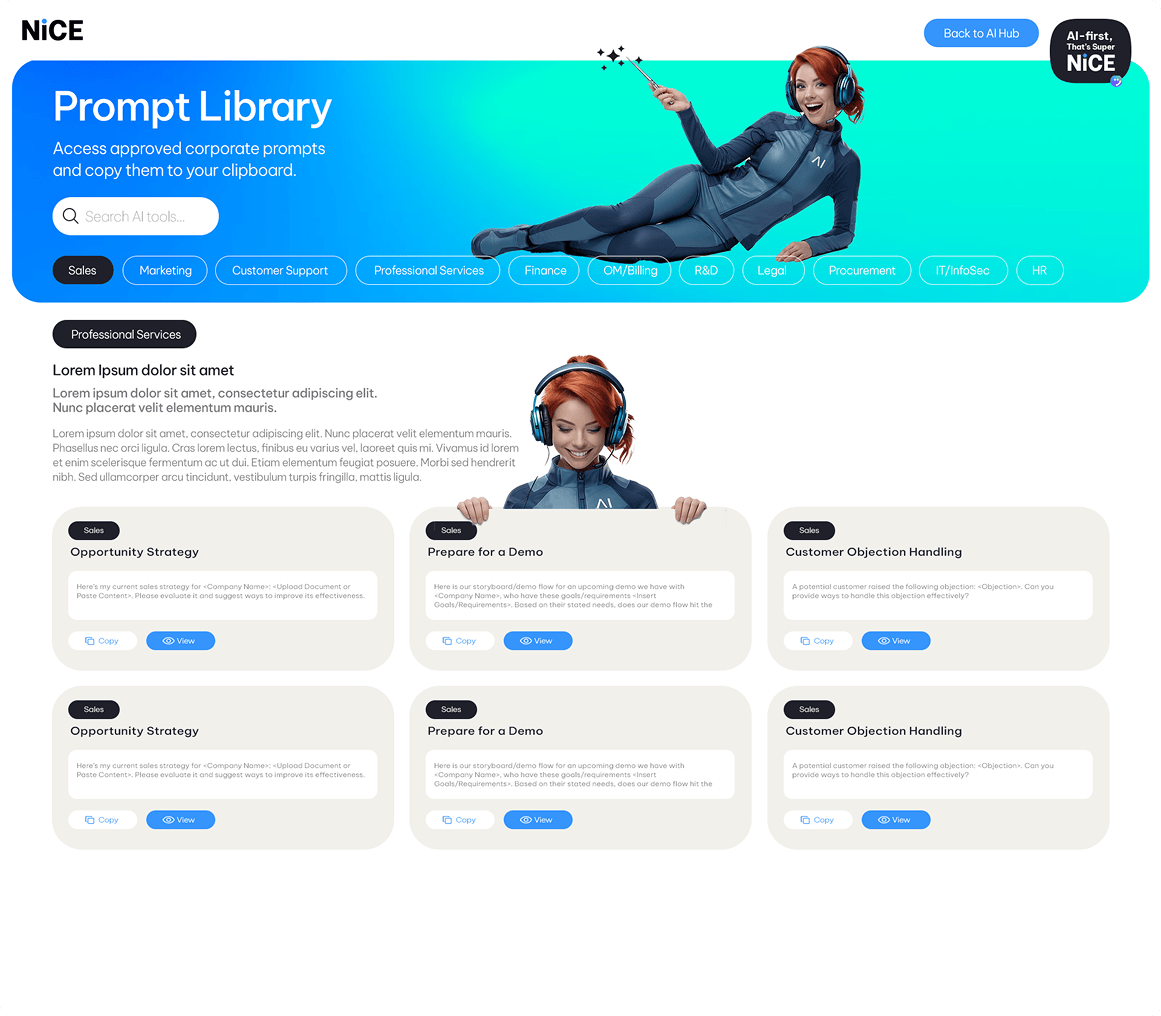 Hero banner for Prompt Library featuring a woman in a headset lying diagonally on a blue gradient background, with a search field and category chips below the headline Sales, Marketing, and more.