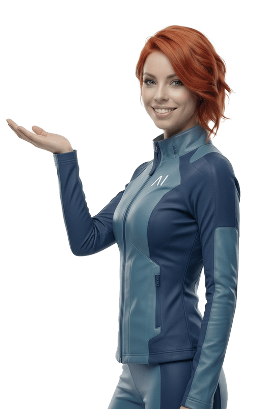 Woman in a blue AI-themed jumpsuit smiles and extends her left hand as if presenting.